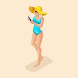 isometric girl in a bright swimsuit beach sea vector