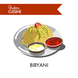 Delicious biryani with creamy and hot sauces vector