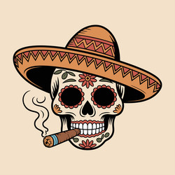 sugar skull with sombrero and cigar vintage Vector Image