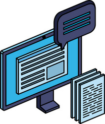 computer with paper document files and speech vector image