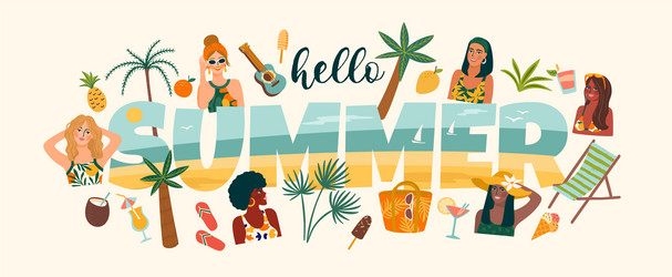 summer with cute women vector