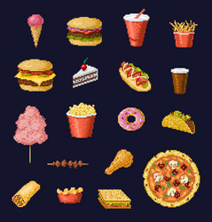 8 bit pixel art fast food and drinks icons vector