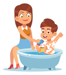 Boy in bathroom mom washes son child vector
