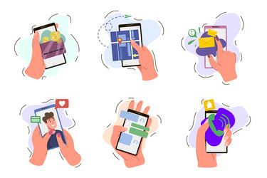 Hands holding mobile phones set Royalty Free Vector Image