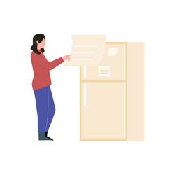 Girl is looking at the list on fridge vector