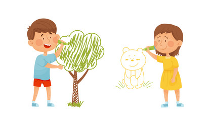 Cute kids painting tree and bear on wall little vector