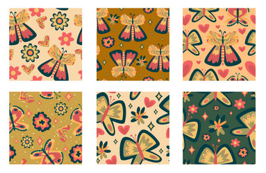 Retro butterfly groovy seamless pattern set boho vector