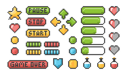 pixel game icon ui web bars and buttons for 8 bit vector