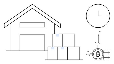 warehouse with stacked boxes clock and bitcoin vector image