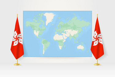 world map between two hanging flags of hong kong vector