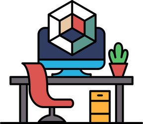 a computer monitor sits on desk with red vector image