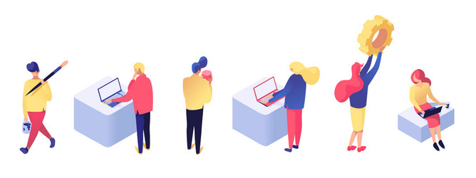 people interact with data isometric set vector