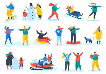 People in warm clothes doing winter outdoor vector