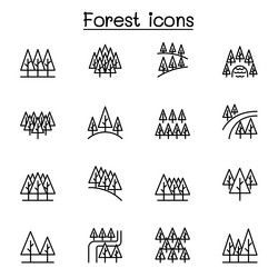 pine tree forest icon set in thin line style vector image