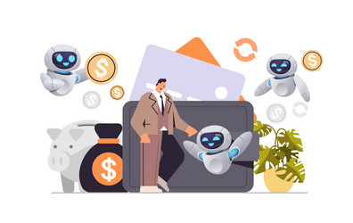 Businessman with robots saving money getting vector