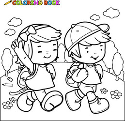 Children Walking to School - Coloring Page Vector Image