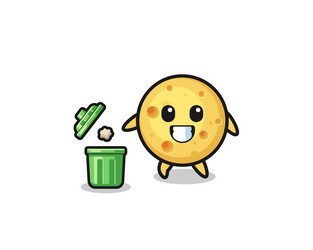 Round cheese throwing garbage in the trash can vector