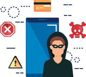 smartphone with hacker and set icons vector image