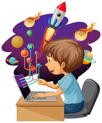 young boy studying in front of laptop with space vector