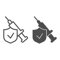 syringe injection with shield line and solid icon vector image