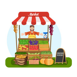 market stall with salesman trading vegetables vector