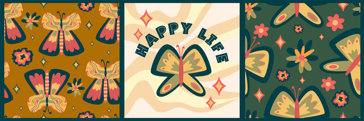 retro boho poster set with butterfly hippie vector image