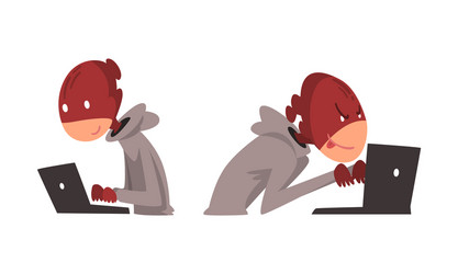 hacker in hoody and mask stealing money using vector image
