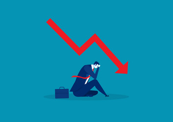 sad businessman fail with falling down red arrow vector