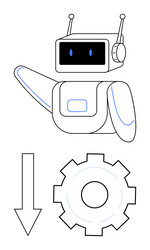friendly robot gesturing with a gear and downward vector image