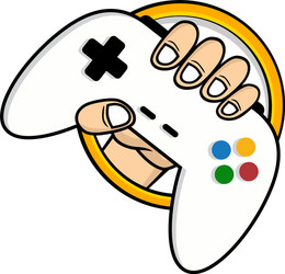 Man holding game console joystick controller logo vector