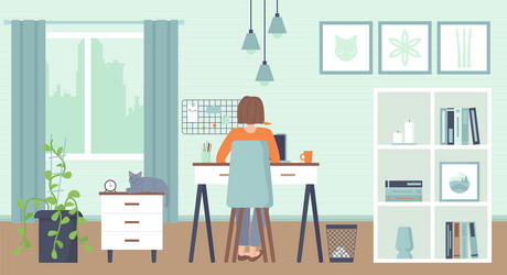 Yong woman sitting at a computer home cozy vector