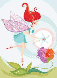 Little cute forest fairy sitting on beautiful wild