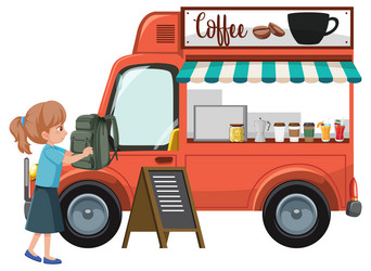 Girl standing by coffee truck vector