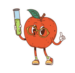 groovy red apple character in eyeglasses and flask vector image