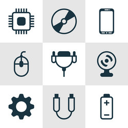 set of 9 computer hardware icons includes chip vector image