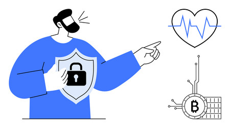 man with shield bitcoin symbol and heartbeat line vector image