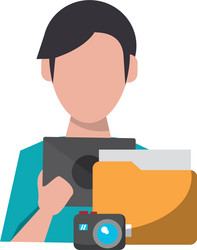 Man using tablet with documents and camera vector