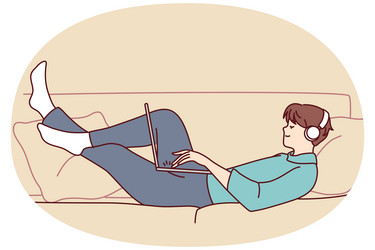 happy man lying on couch with laptop vector