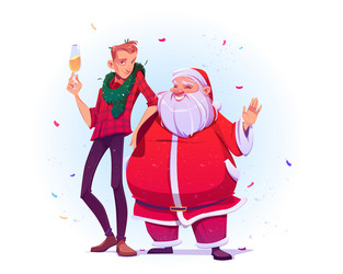 santa claus and young man with champagne vector