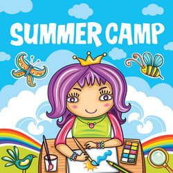 colorful floral poster with little girl painting Vector Image