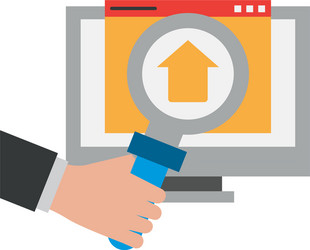 computer with upload sign and magnifying glass vector image