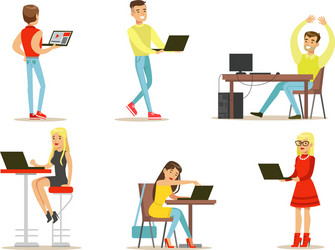 People using laptop computers set young men vector