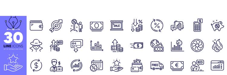 Sale global business and money line icons pack vector