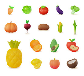 3d color different fresh vegetables and fruits set vector