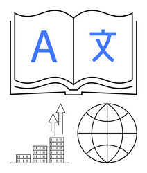 open book with multilingual letters bar graph vector image