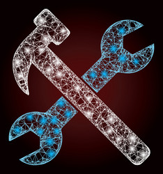 shiny network mesh wrench and hammer with glare vector image