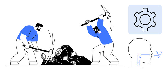 workers mining resources with tools amid symbolic vector image