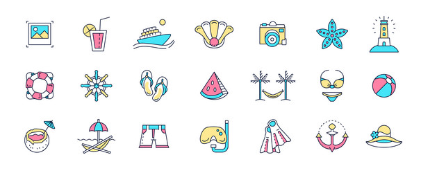 summer beach icons holiday pictograms hot color vector