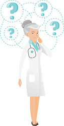 thinking caucasian doctor with question marks vector