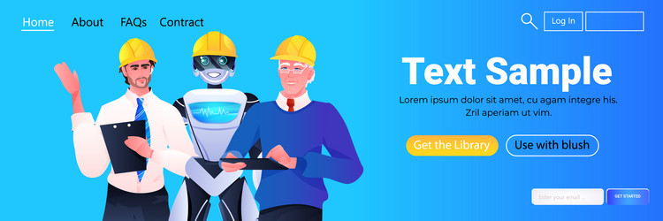 Robot and workmen engineers in hardhats standing vector